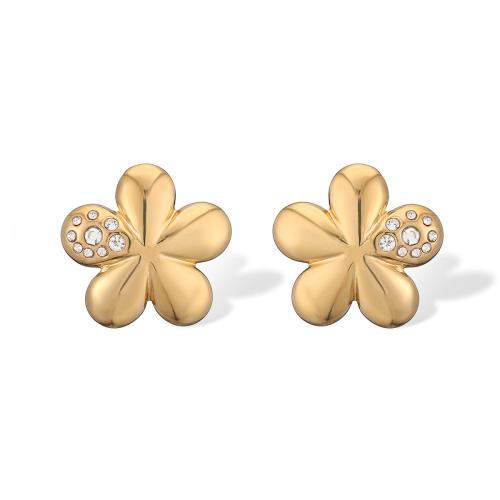Stainless Steel Stud Earrings, 304 Stainless Steel, Flower, gold color plated, fashion jewelry & micro pave cubic zirconia, golden, 18x18mm, Sold By Pair