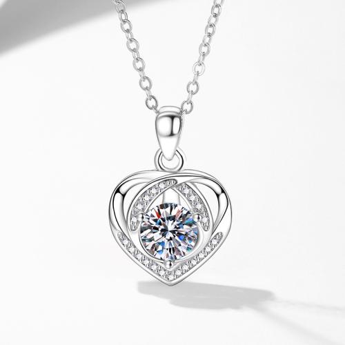 925 Sterling Silver Necklace, with 2inch extender chain, Heart, platinum plated, different materials for choice & micro pave cubic zirconia & for woman, Length:Approx 15.7 Inch, Sold By PC