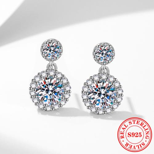 925 Sterling Silver Drop Earring, Round, platinum plated, different materials for choice & micro pave cubic zirconia & for woman, 10x17mm, Sold By Pair