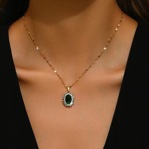Brass Necklace, with Titanium Steel, with 2.4inch extender chain, Oval, gold color plated, micro pave cubic zirconia & for woman, more colors for choice, Length:Approx 15.4 Inch, Sold By PC