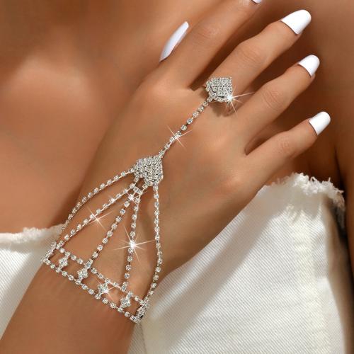 Brass Bracelet Ring, Heart, silver color plated, for woman & with rhinestone, Sold By PC