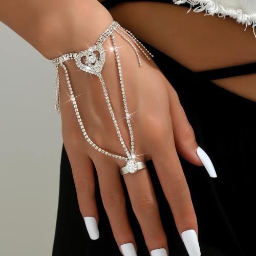 Brass Bracelet Ring, Heart, silver color plated, for woman & with rhinestone, Sold By PC