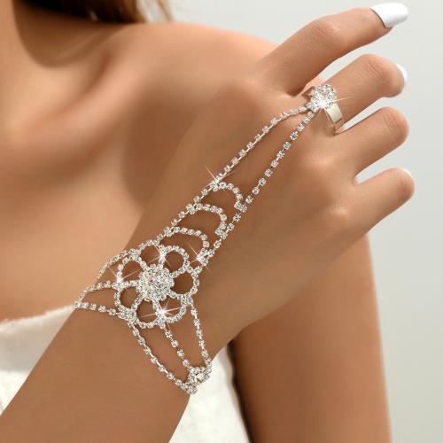 Brass Bracelet Ring, Flower, silver color plated, for woman & with rhinestone, Sold By PC