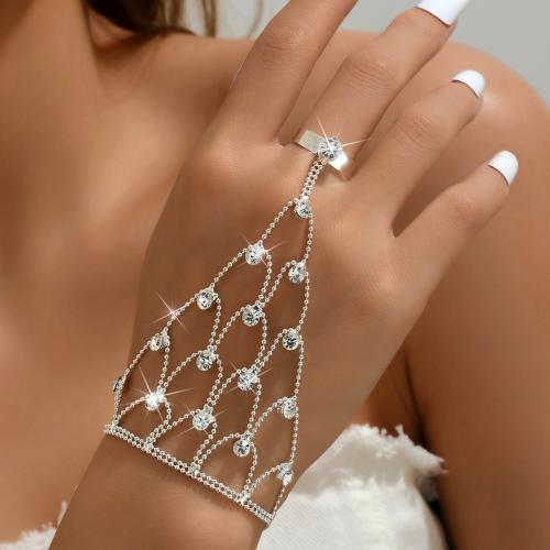 Brass Bracelet Ring, silver color plated, for woman & with rhinestone, Sold By PC