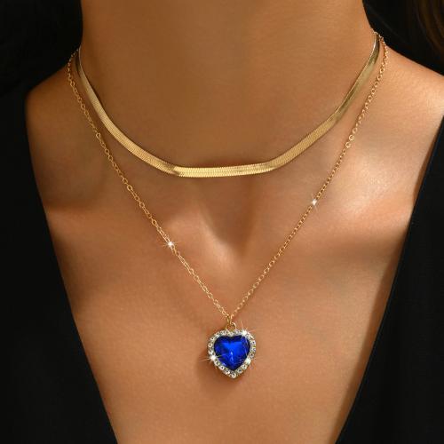 Tibetan Style Necklace, with Glass, Heart, gold color plated, Double Layer & for woman & with rhinestone, more colors for choice, Sold By PC