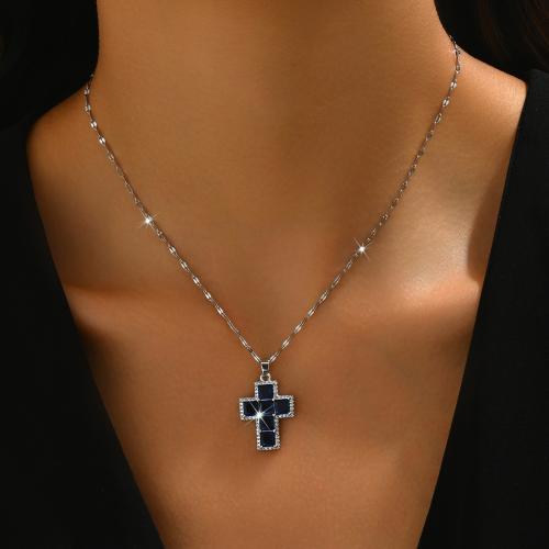 Brass Necklace, with Titanium Steel, with 2.4inch extender chain, Cross, plated, micro pave cubic zirconia & for woman, more colors for choice, Length:Approx 15.4 Inch, Sold By PC