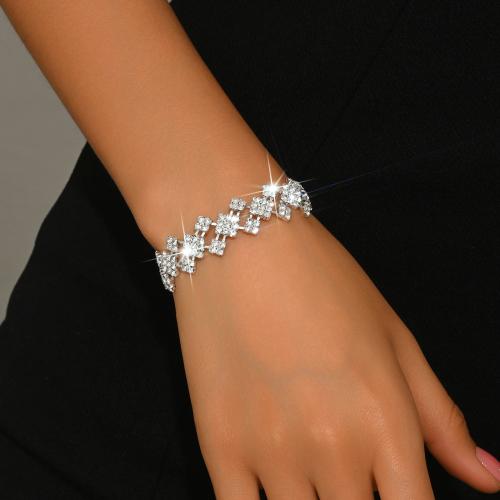 Brass Bracelet, Geometrical Pattern, silver color plated, for woman & with rhinestone, Length:Approx 6.7 Inch, Sold By PC
