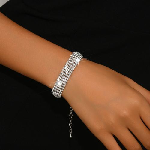 Brass Bracelet, with 3.15inch extender chain, silver color plated, for woman & with rhinestone, Length:Approx 6.7 Inch, Sold By PC