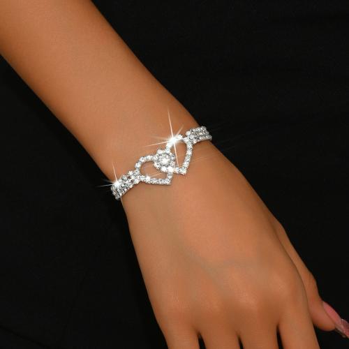 Brass Bracelet, Heart, silver color plated, for woman & with rhinestone, Length:Approx 7.3 Inch, Sold By PC