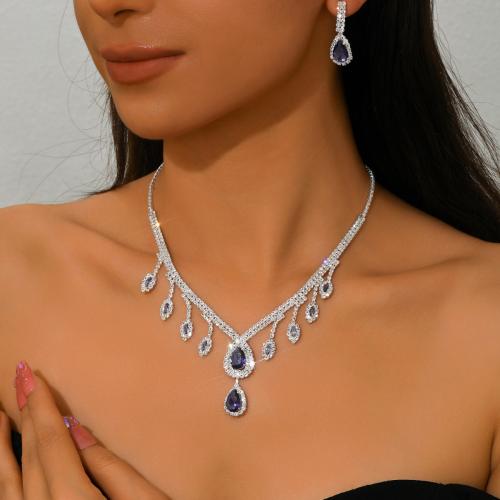 Brass Jewelry Set, earring & necklace, Teardrop, silver color plated, 2 pieces & for woman & with rhinestone, more colors for choice, Sold By Set