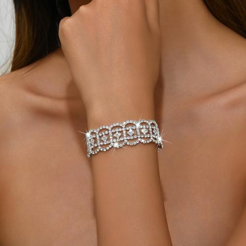 Brass Bracelet, silver color plated, for woman & with rhinestone & hollow, Length:Approx 7 Inch, Sold By Set