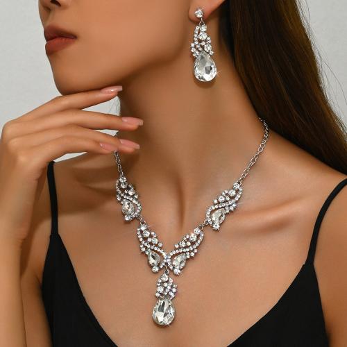 Tibetan Style Jewelry Set, earring & necklace, Teardrop, silver color plated, 2 pieces & for woman & with rhinestone, Sold By Set