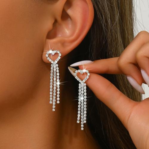Brass Tassel Earring, Heart, silver color plated, for woman & with rhinestone & hollow, 12x50mm, Sold By Pair