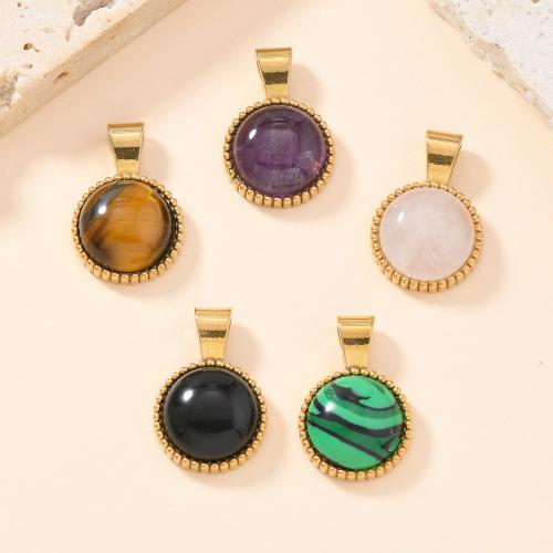 Gemstone Pendants Jewelry, 304 Stainless Steel, with Natural Stone, Round, gold color plated, DIY & different materials for choice, more colors for choice, Sold By PC