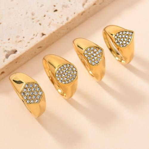 Rhinestone-Edelstahl -Finger-Ring, 304 Edelstahl, plattiert, verschiedene Größen vorhanden & verschiedene Stile für Wahl & für Frau & mit Strass, goldfarben, verkauft von PC
