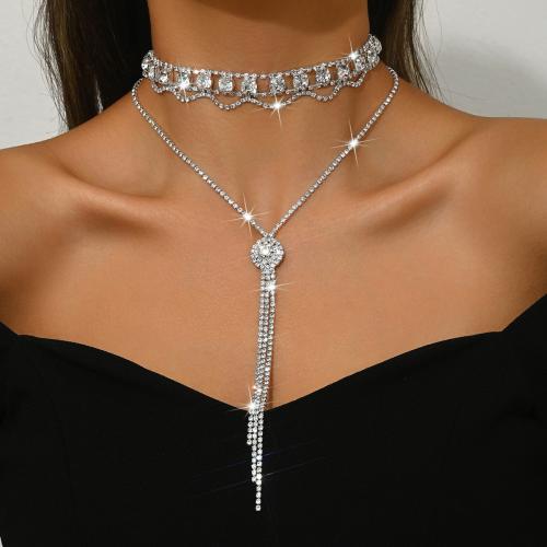 Brass Necklace, silver color plated, Double Layer & for woman & with rhinestone, more colors for choice, Sold By PC