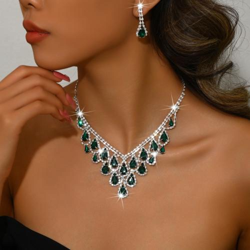 Brass Jewelry Set, earring & necklace, Teardrop, silver color plated, 2 pieces & for woman & with rhinestone, more colors for choice, Sold By Set