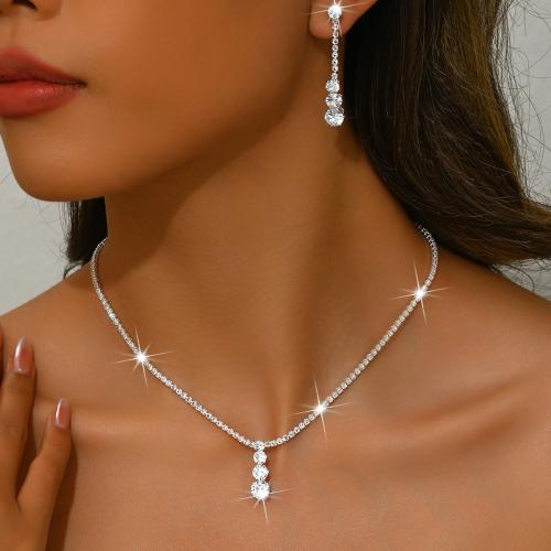 Tibetan Style Jewelry Set, earring & necklace, silver color plated, 2 pieces & for woman & with rhinestone, Sold By Set