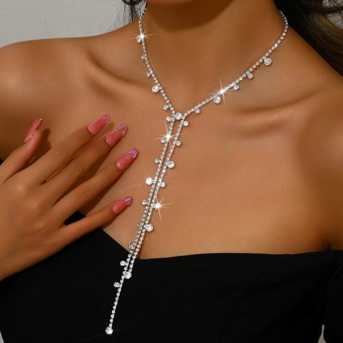 Brass Necklace, plated, for woman & with rhinestone, more colors for choice, Sold By PC