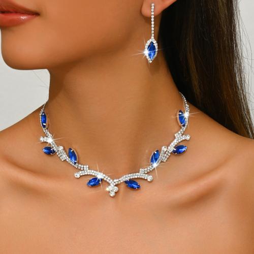 Tibetan Style Jewelry Set, earring & necklace, Leaf, silver color plated, 2 pieces & for woman & with rhinestone, more colors for choice, Sold By Set