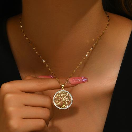Titanium Steel Necklace, with 2.4inch extender chain, Tree, gold color plated, different styles for choice & for woman & with rhinestone, Length:Approx 15.4 Inch, Sold By PC