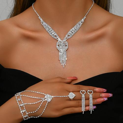 Brass Jewelry Set, Heart, silver color plated, different styles for choice & for woman & with rhinestone, Sold By Set
