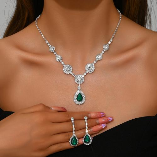 Brass Jewelry Set, earring & necklace, plated, 2 pieces & micro pave cubic zirconia & for woman, more colors for choice, Sold By Set
