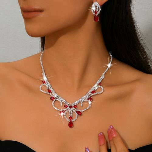 Brass Jewelry Set, earring & necklace, silver color plated, 2 pieces & for woman & with rhinestone, more colors for choice, Sold By Set