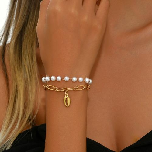 Tibetan Style Bracelet, with Plastic Pearl, with 2.4inch extender chain, Shell, gold color plated, Double Layer & for woman, Length:Approx 7 Inch, Sold By PC