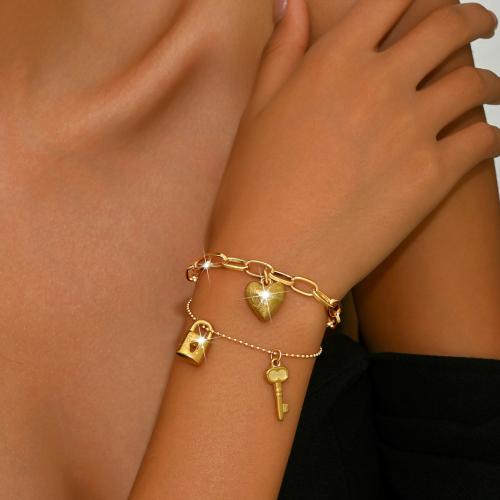 Tibetan Style Bracelet, Lock and Key, gold color plated, Double Layer & for woman, Length:Approx 7.9 Inch, Sold By PC
