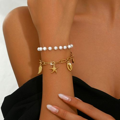 Tibetan Style Bracelet, with Plastic Pearl, with 2.4inch extender chain, gold color plated, Double Layer & for woman, Length:Approx 7 Inch, Sold By PC