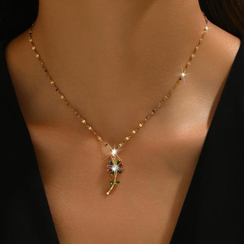 Brass Necklace, with Titanium Steel, with 2.4inch extender chain, Flower, plated, different styles for choice & micro pave cubic zirconia & for woman, Length:Approx 15.4 Inch, Sold By PC