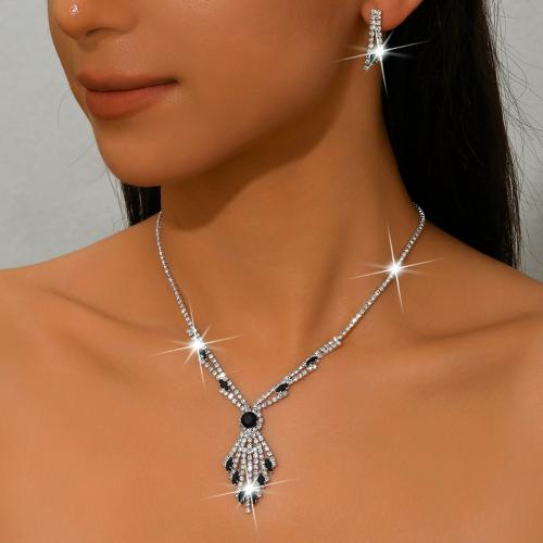 Brass Jewelry Set, earring & necklace, silver color plated, 2 pieces & for woman & with rhinestone, more colors for choice, Sold By Set