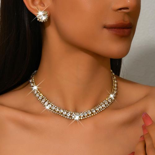 Brass Jewelry Set, earring & necklace, plated, 2 pieces & for woman & with rhinestone, more colors for choice, Sold By Set