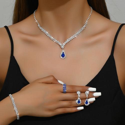 Brass Jewelry Set, finger ring & bracelet & earring & necklace, plated, 4 pieces & micro pave cubic zirconia & for woman, more colors for choice, Sold By Set