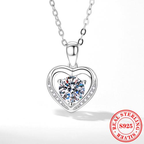 925 Sterling Silver Necklace, with 2inch extender chain, Heart, platinum plated, different materials for choice & micro pave cubic zirconia & for woman, Length:Approx 15.7 Inch, Sold By PC