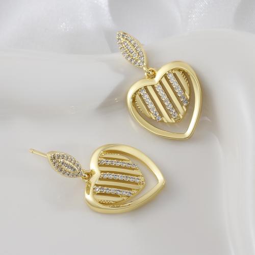 Cubic Zirconia Micro Pave Brass Earring, Heart, gold color plated, micro pave cubic zirconia & for woman & hollow, Sold By Pair