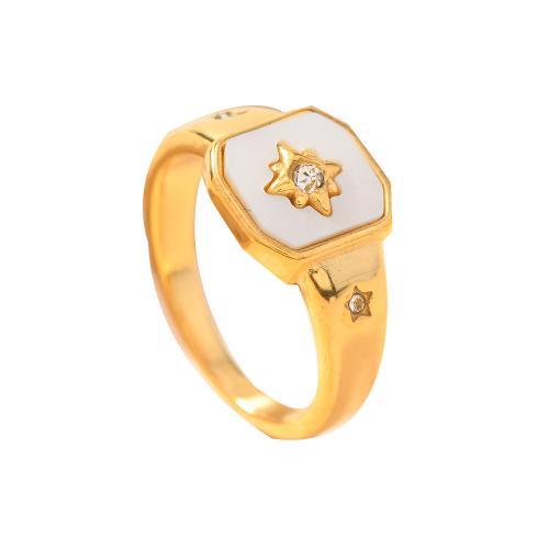 Rhinestone-Edelstahl -Finger-Ring, 304 Edelstahl, mit Weiße Muschel, goldfarben plattiert, Modeschmuck & für Frau & mit Strass, Größe:8, verkauft von PC