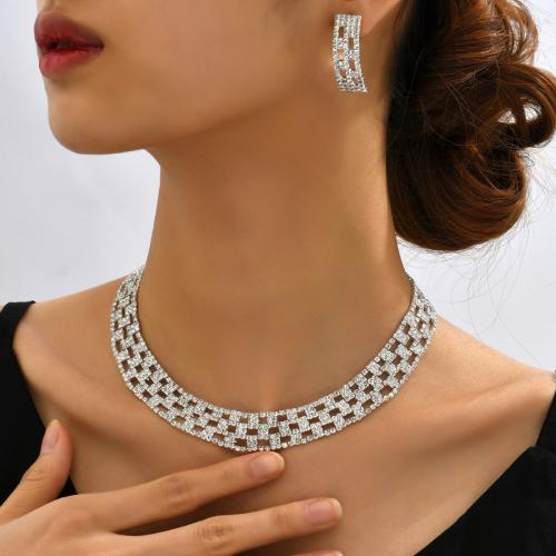 Brass Jewelry Set, earring & necklace, silver color plated, 2 pieces & for woman & with rhinestone, Sold By Set