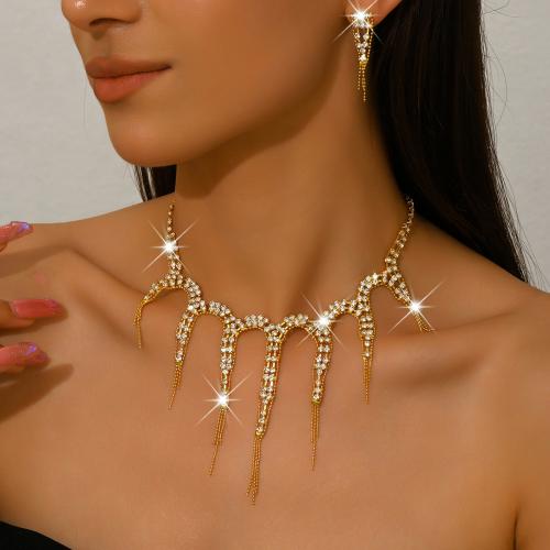 Brass Jewelry Set, earring & necklace, plated, 2 pieces & for woman & with rhinestone, more colors for choice, Sold By Set