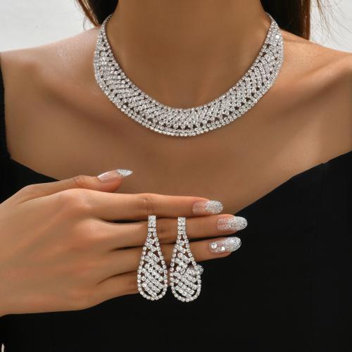 Brass Jewelry Set, earring & necklace, silver color plated, 2 pieces & for woman & with rhinestone, Sold By Set