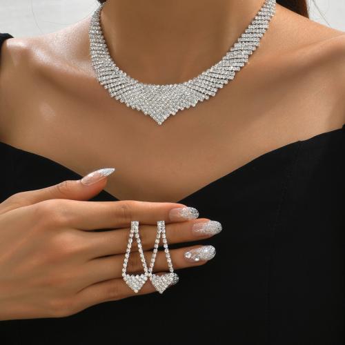 Brass Jewelry Set, earring & necklace, silver color plated, 2 pieces & for woman & with rhinestone, Sold By Set