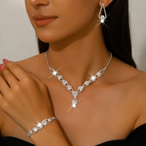 Brass Jewelry Set, bracelet & earring & necklace, plated, three pieces & for woman & with rhinestone, more colors for choice, Sold By Set