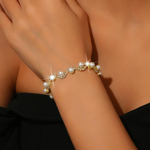 Brass Bracelet, with Plastic Pearl, with 2.4inch extender chain, plated, for woman & with rhinestone, more colors for choice, Length:Approx 6.7 Inch, Sold By PC