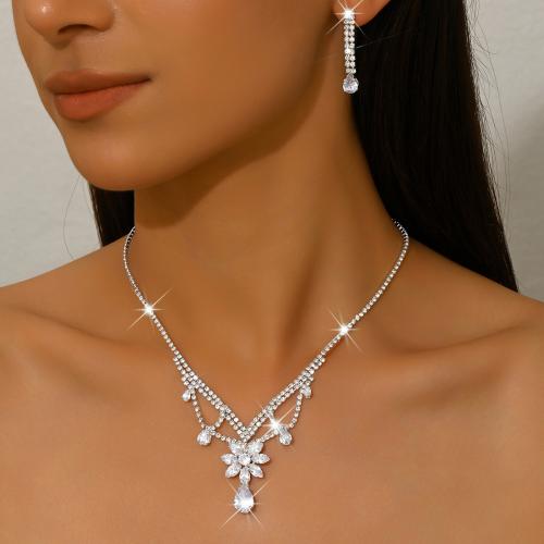 Brass Jewelry Set, earring & necklace, silver color plated, 2 pieces & for woman & with rhinestone, more colors for choice, Sold By Set