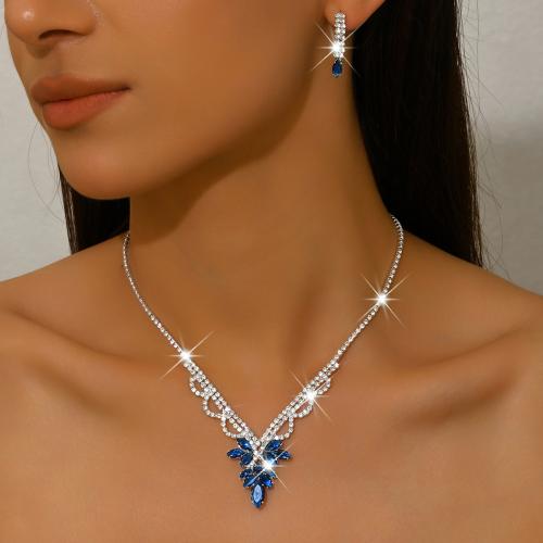 Brass Jewelry Set, earring & necklace, Flower, silver color plated, 2 pieces & micro pave cubic zirconia & for woman, more colors for choice, Sold By Set