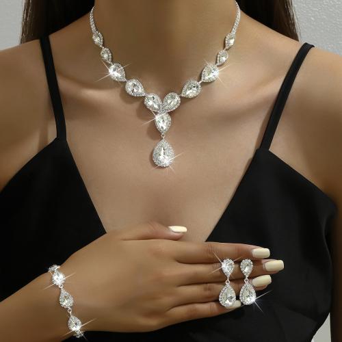 Brass Jewelry Set, with Crystal, Teardrop, silver color plated, different styles for choice & for woman & with rhinestone, Sold By Set