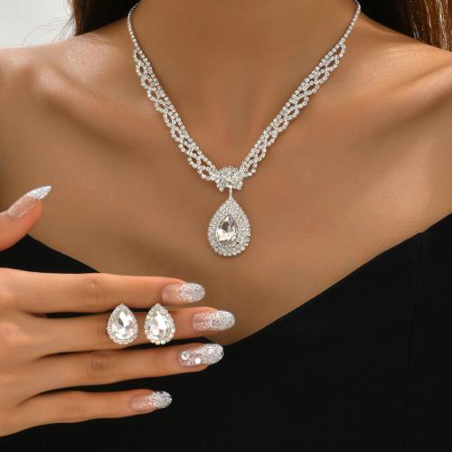 Tibetan Style Jewelry Set, Stud Earring & necklace, Teardrop, silver color plated, 2 pieces & for woman & with rhinestone, Sold By Set