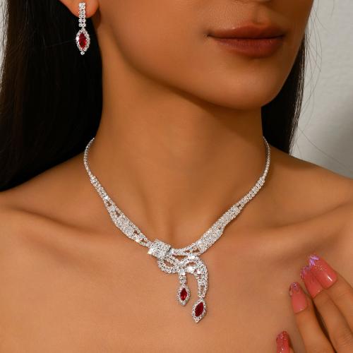 Brass Jewelry Set, earring & necklace, silver color plated, 2 pieces & micro pave cubic zirconia & for woman, more colors for choice, Sold By Set