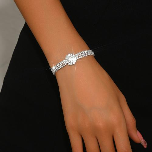 Brass Bracelet, Flower, silver color plated, micro pave cubic zirconia & for woman, Length:Approx 7 Inch, Sold By PC